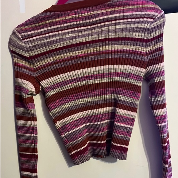 Calvin Klein Striped Cardigan Sweater in Deep Burgundy and Light Pink - Picture 3 of 4